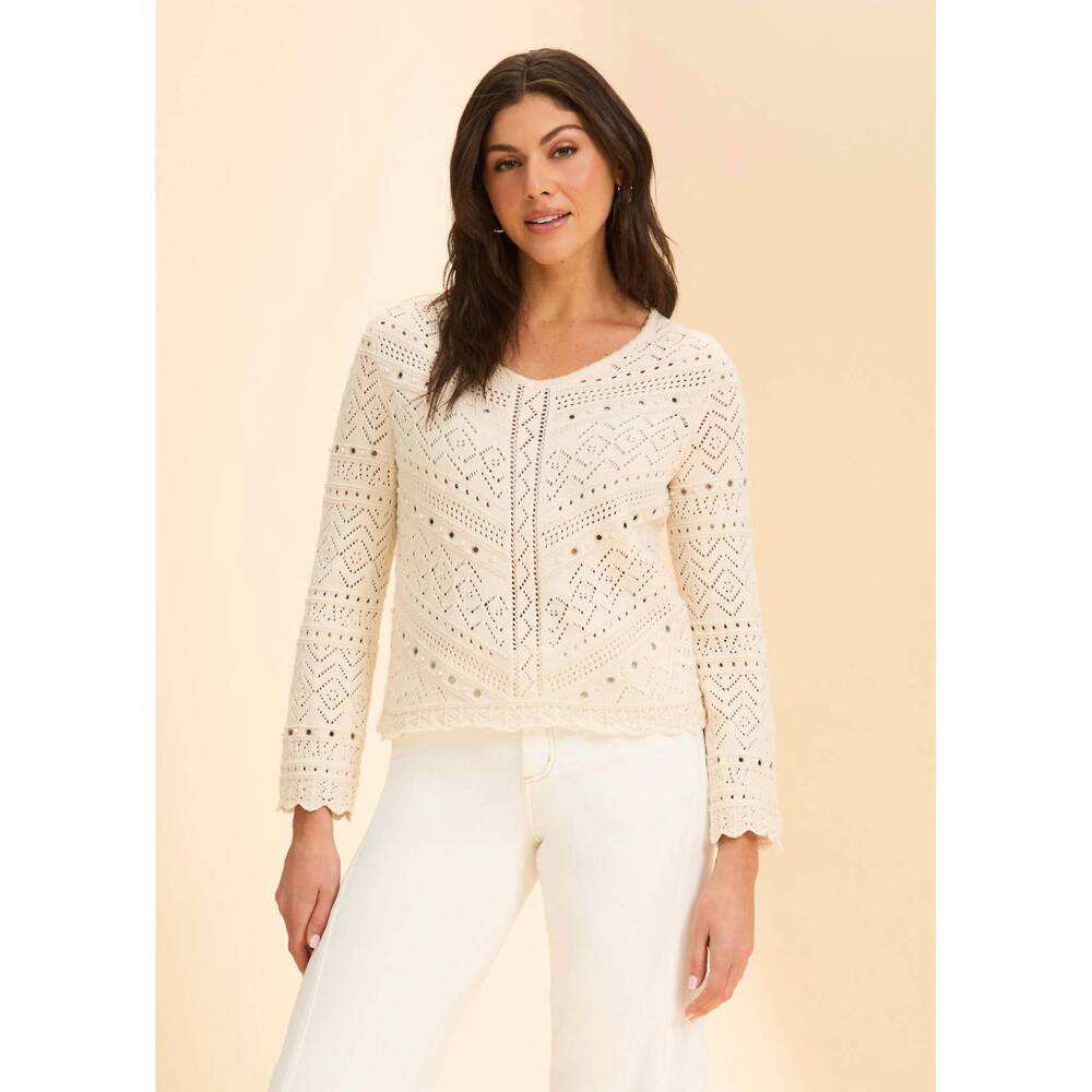 NEW FDJ long sleeve pointelle sweater in ivory